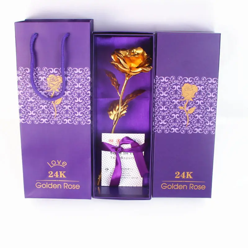 DREA Artificial 24K Gold Foil Flower With Gift Box Valentine's Day Gifts Galaxy Rose with Purple Boxes