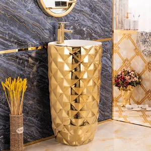 Évier de luxe en céramique, or, porcelaine royale, vasque de salle de bains plaqué or, socle de lavage