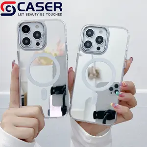 Nieuwe Product Plating Make-Up Spiegel Magneet Mobiele Telefoon Case Pc Tpu 2 In 1 Metalen Camera Side Telefoon Case Voor Iphone 13 14 15Promax