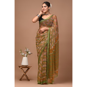 Sari de chifón doble diamante, cómodo, con estampado a mano, de tela ligera. |   Elegante - Product Image 1