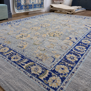 Alfombra Oushak Clásica de Lana Anudada a Mano, Rectangular, Azul Grisáceo con Diseño Floral, Reversible, Ecológica, Antideslizante, para Dormitorio, Pelo Medio - Product Image 2