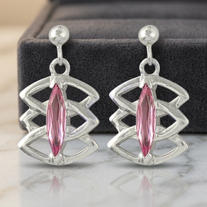 Art Palace 925 <b>Silver</b> <b>Drop</b> <b>Earrings</b> With Pink Marquise Cut Crystal Geometric Design For Women's Everyday Wear - Product Image 2