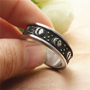 Stainless Steel Sun <b>Moon</b> Stars <b>Ring</b> Men's Retro Punk Jewelry Gift Constellation Design Silver Tone - Product Image 4