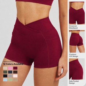 Shorts de yoga taille croisée <span class=keywords><strong>avec</strong></span> poches, shorts <span class=keywords><strong>cycliste</strong></span> taille haute croisée, contrôle du ventre, effet push-up, pour la gym et l'entraînement - Product Image 2