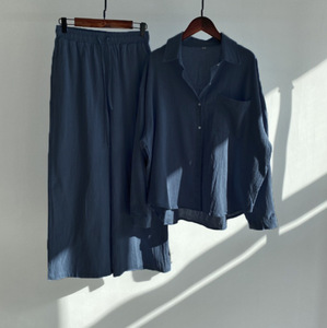 Completo 2 Pezzi in Cotone e <span class=keywords><strong>Lino</strong></span> da <span class=keywords><strong>Donna</strong></span>: <span class=keywords><strong>Pantaloni</strong></span> Larghi a Vita Alta con Lacci e Camicia Tinta Unita, Casual e alla Moda - Product Image 3