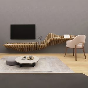 Étagère murale décorative d'intérieur artistique ML-WD02, décoration contemporaine pour la maison, lignes fluides, contreplaqué, café, usage commercial - Product Image 1