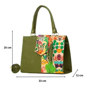 Bolsa de Compras de Yute Mediana para Mujer Fana Deva, Color Verde Oliva con Estampado Floral, Bolsa de Mano para Uso Diario - Product Image 4