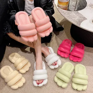 girls Sponge slippers summer women's beach flat slippers ladies outdoor pure color big foot thick sole pillow cloud slipper