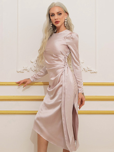 Autunno <span class=keywords><strong>e</strong></span> inverno abito da donna elegante in raso Sexy rosa <span class=keywords><strong>Nude</strong></span> girocollo a maniche lunghe abito avvolgente - Product Image 4