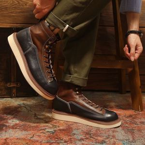 Casual Boots for Men Genuine Leather Work Boots Retro Style Warm & <b>Height</b> <b>Increasing</b> Black British Style Color-Block Trendy - Product Image 1