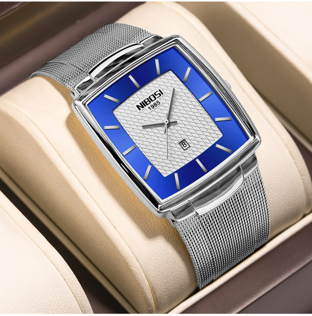 NIBOSI 2613 Men's Top Brand Luxury Square Waterproof Date Display Casual Watch Mesh Strap Business Fashion Wristwatch
