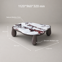 Ensemble de tables basses minimalistes irrégulières, plateau en pierre frittée aspect marbre avec pieds en bois pour salon et chambre