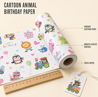Papier cadeau d'anniversaire à motifs animaux de dessin animé avec rubans et nœuds, en pâte de bois écologique, pour enfants, baby showers, décorations de fête mignonnes