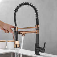 Robinet de cuisine professionnel en acier inoxydable noir mat et or rose, avec bec à ressort, monocommande et double sortie