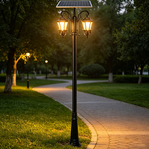 Lampe solaire LED extérieure en aluminium de style européen, double tête, sur poteau haut, pour jardin et aménagement paysager, éclairage de rue, indice de protection IP65, garantie 5 ans - Product Image 4