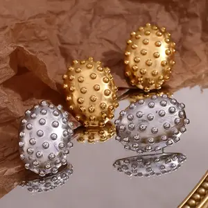 Fanhua Earring 2024 Chunky Oval Beaded Cactus Stud Earrings Trendy Earrings Gold Plated Stainless Steel Jewelry