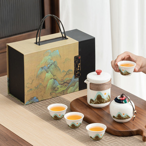 Porzellan Kung Fu Tee <span class=keywords><strong>Set</strong></span> von 6 Keramik Tassen Topf und Glas Neujahrs geschenk Teekanne Tragbare Reise Quick Cup Tee <span class=keywords><strong>Set</strong></span> - Product Image 1