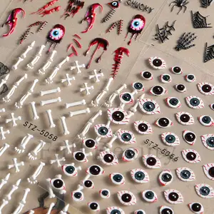 Tszs Hot Selling Diy Eye Vakantie Schedel Ghost Pompoen Hoofd 5D Halloween Nail Art Stickers Spider Nail Decoratieve Stickers