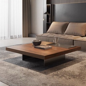 Mesa de Centro Cuadrada Minimalista Italiana, Madera de Nogal, 1m x 1m, Patas de Acero al Carbono, Estilo Moderno de Diseño - Product Image 1