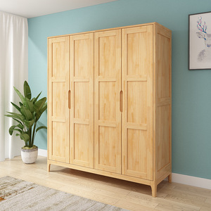 Armario Nórdico de Madera Maciza de Cuatro Puertas con Bisagras, Color Natural, Mueble de Almacenamiento para Dormitorio - Product Image 1
