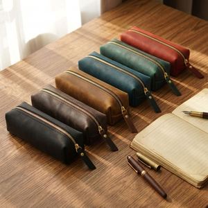 Simple Top Layer Cowhide Zipper Durable Pencil Case Student Pencil <b>Box</b> <b>Large</b> Capacity Modern Stationery Bag Welcome <b>Gifts</b> - Product Image 1