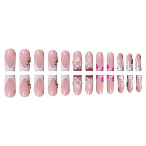 24 Uds <span class=keywords><strong>uñas</strong></span> postizas largas para mujer punta francesa a presión cuadrado acrílico rojo <span class=keywords><strong>con</strong></span> Material ABS diseños de <span class=keywords><strong>flores</strong></span> artificiales en los dedos - Product Image 3