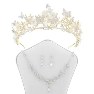 Bridal Tiaras Baroque Alloy Crystal Butterfly Girls Wedding Crown Necklace Earring Jewelry Sets