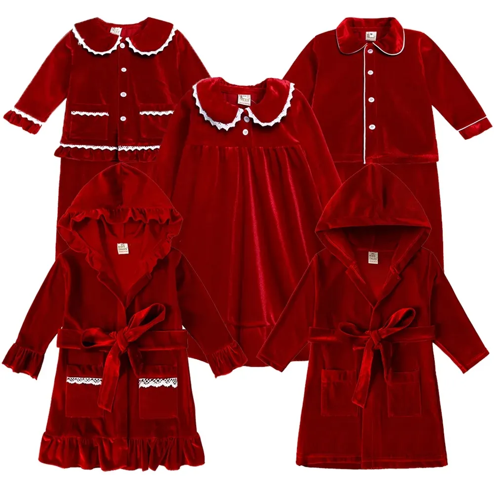 Gia đình phù hợp với trang phục GIÁNG SINH bé chập chững biết đi bộ đồ ngủ nhung đỏ trẻ em bé trai bé gái nút lên đồ ngủ