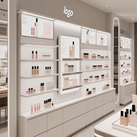 Comptoir de caisse blanc de luxe, vitrine cosmétique haut de gamme avec éclairage LED, taille et couleur personnalisables