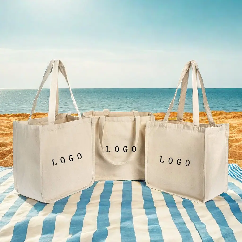 Bolso de mano de algodón de playa de lona duradero con logotipo personalizado ecológico de moda de gran capacidad