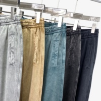 YOUMI Vintage Acid Wash 100% Katun Celana Sweatpants Pria Berpinggang Sedang Elastis dengan Tali Serut, Kain Batik Musim Gugur 420 GSM Berumbai