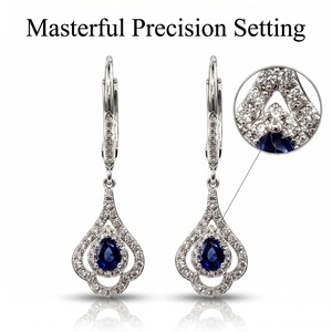 Pendientes colgantes de zafiro azul real hechos a medida, oro blanco macizo de 18 quilates, doble halo, diamantes pavé, joyería fina, regalo nupcial para ella - Product Image 2