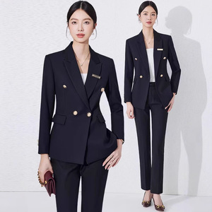 Women's Black Suit Set Polyester Worsted Full Sleeve Anti-Wrinkle Office Lady Spring Formal Wear - Product Image 1