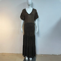 Robe longue plissée unie à col en V et manches courtes, sculptante à la taille, pour femme, mode et loisirs, haute qualité
