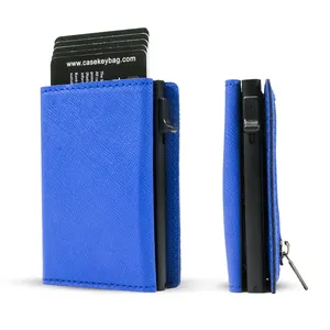 Saffiano dompet kulit asli pria, ramping otomatis mengeluarkan tempat kartu Denarnica Rfid Popup magnetik dan dompet koin