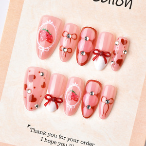 Uñas postizas <span class=keywords><strong>de</strong></span> almendra estilo coquette <span class=keywords><strong>de</strong></span> San Valentín con lazo rojo, fresa y corazón <span class=keywords><strong>de</strong></span> diamantes <span class=keywords><strong>de</strong></span> imitación, uñas <span class=keywords><strong>de</strong></span> gel para adolescentes, venta al por mayor - Product Image 6