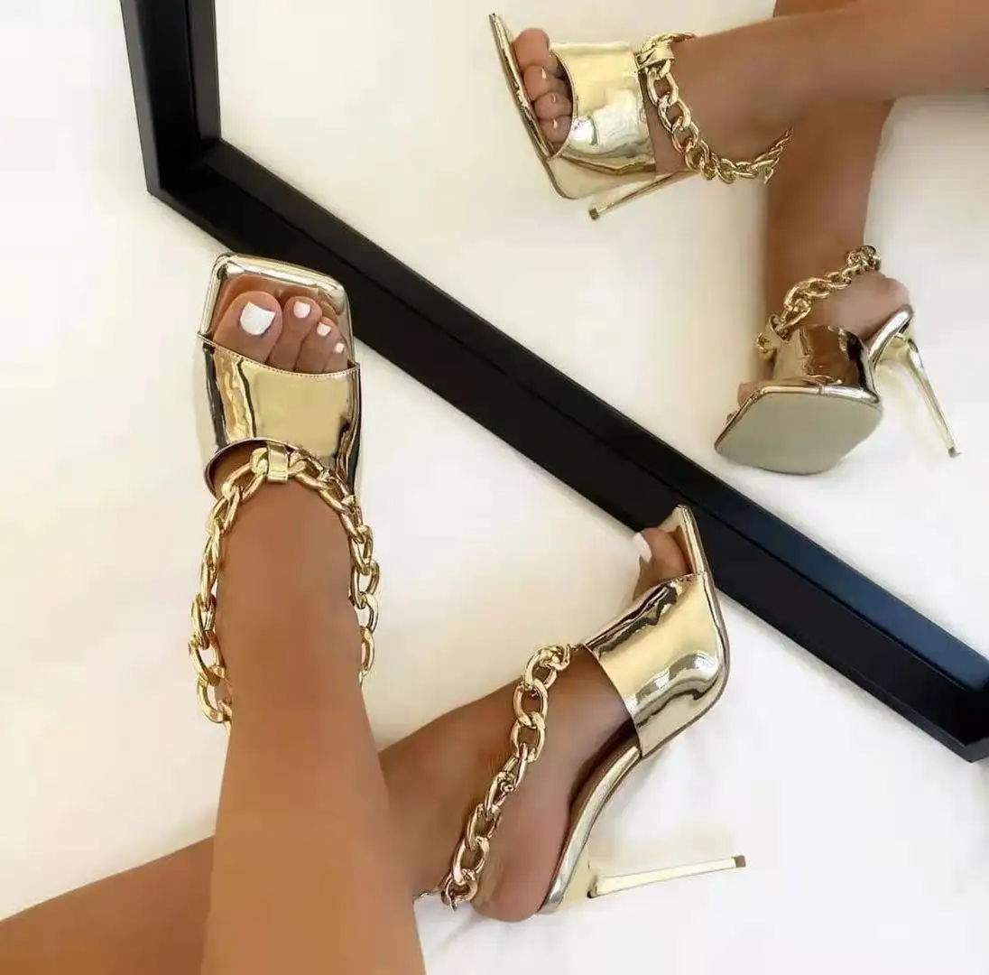 New design Metal Chain women's high heel Sandals chaussures femmes Open toe Dew heel soft leather shoes Square head for ladies