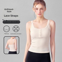 Camisole sexy respirante à bordure en dentelle pour femmes adultes avec bonnets rembourrés, débardeur de sport/yoga ajusté en Spandex/Nylon