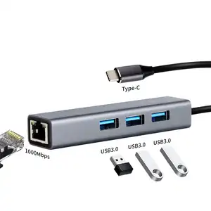 2023 2024 vendita calda fornitore all'ingrosso Usb 3.0 Hub di rete 4 porte tipo C Lan adattatore 1000 Rj45 con 3 porte Hub 2.0