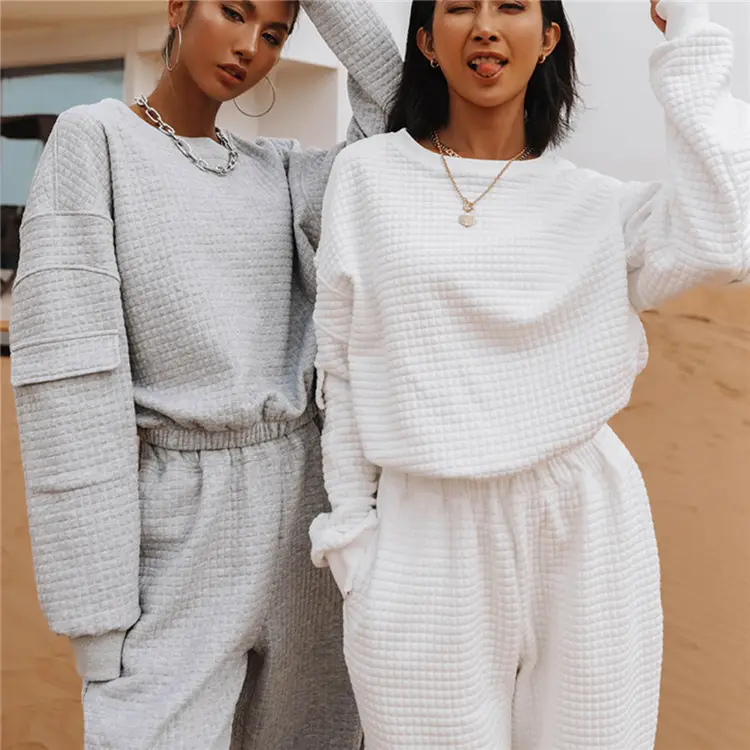 Waffle Knit Athleisure Joggers Women 2 Piece Sets Fall Clothing Winter Sportswear Ladies Sweat Suits