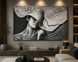 Cuadro monocromático de la Dama de la Fortuna con sombrero fluido y mariposas, pintura hecha a mano por un vendedor de la India. - Product Image 3