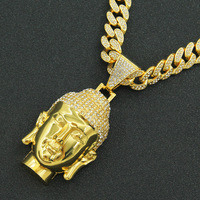 Collar con Colgante de Cabeza de Buda 3D con Incrustaciones de Circonitas, Chapado en Oro de 18K, Cadena Cubana, Joyería Masculina de Moda Bling Hip Hop para Fiesta o Regalo
