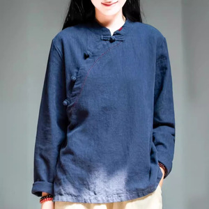 Traditional Chinese Women's Cotton Linen Stand Collar Long Sleeve Loose T-Shirt Spring Autumn Tea Dress Pullover Bean Green - Product Image 3