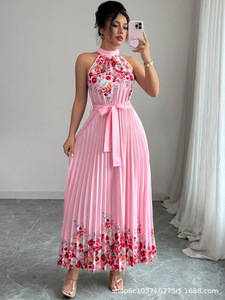 Vestido Largo de Fiesta para Mujer 2026, Estilo Halter con Estampado Floral, Plisado, Corte en A, Cintura Natural, de Chifón, Largo hasta el Suelo - Product Image 2