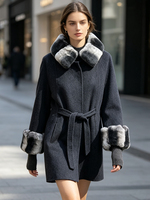 Manteau en laine mélangée Janveny 2026 pour femme, nouvelle collection hiver, avec col et poignets en fourrure naturelle véritable, ceinturé, mi-long, veste thermique en laine, vêtement d'extérieur