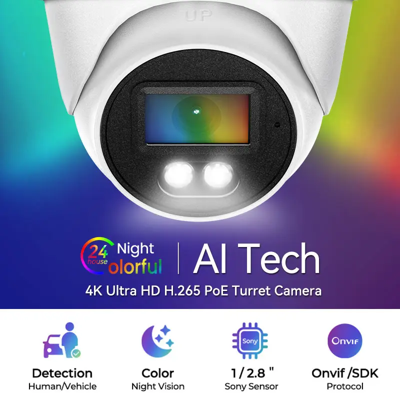 4K अल्ट्रा HD आउटडोर पूर्ण रंग रात दृष्टि सीसीटीवी सुरक्षा बुर्ज poe कैमरा मानव और वाहन का पता लगाने 4K 8MP नेत्रगोलक PoE आईपी कैमरा