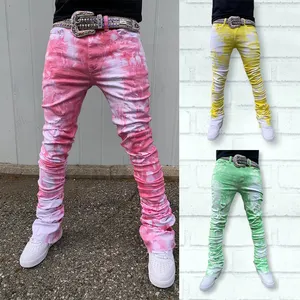 streetwear fashion raw hem distressed jeans custom color tie dyed flare jeans slim fit skinny jeans men