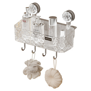 Bathroom Storage Rack Suction Mounted Plastic Wall <b>Shelf</b> With <b>Hooks</b> For Toiletries And Towels - Product Image 5