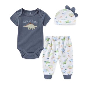 Conjunto de <span class=keywords><strong>tres</strong></span> piezas de verano para bebé al por mayor, mono de manga corta, sombrero y pantalones de 0 a 9 meses, tejido de punto sólido ODM transfronterizo - Product Image 1