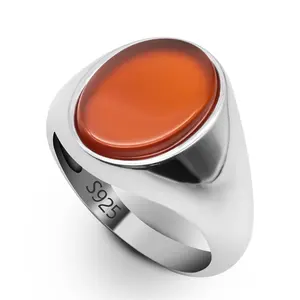 Sterling Silver Jewelry Wedding Men Rings Natural Red Agate Stone Gift Silver Rings for Men 925